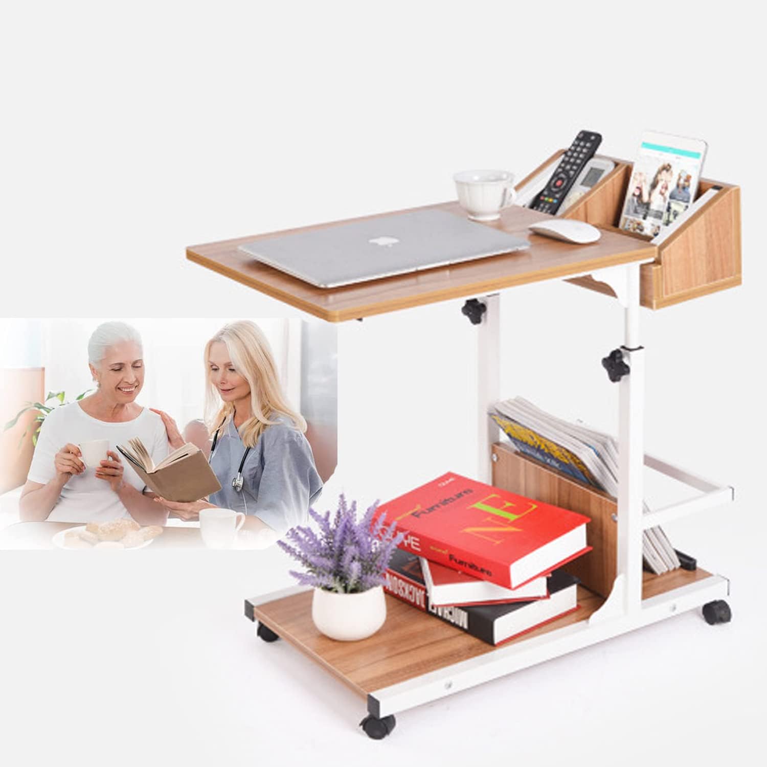 Movable Bed Side Computer Table With Wheels Storage Adjustable Table - waseeh.com